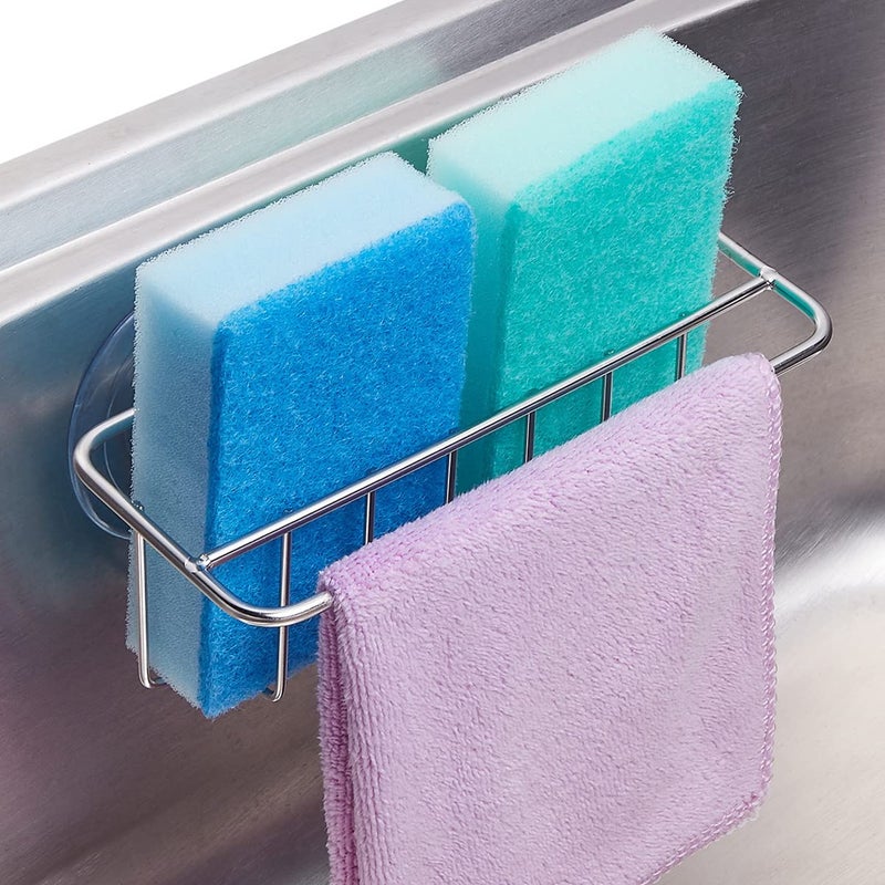 TESOT Sink Caddy Sponge Holder for Kitchen Sink Dish Cloth Hanger 2 Suspension Options(Suction Cups and Adhesive Hook), SUS304 Stainless Steel, Silver - Image 1